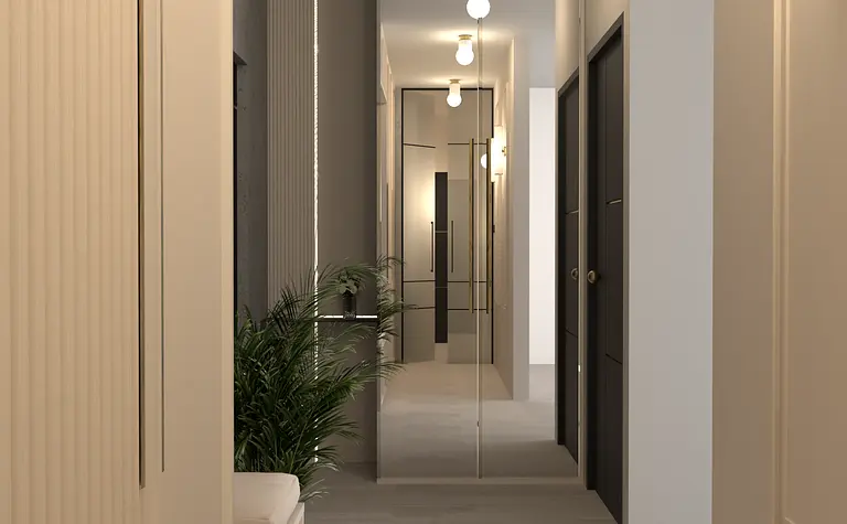 Przedpokój w stylu glamour i nowoczesnym z lustrami i roślinnością.