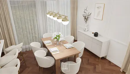 Jadalnia z białymi krzesłami, drewnianym stołem, nowoczesny, quiet luxury, tradycyjny, współczesny