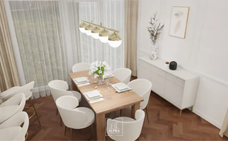 Jadalnia z białymi krzesłami, drewnianym stołem, nowoczesny, quiet luxury, tradycyjny, współczesny