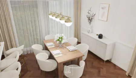 Jadalnia z białymi krzesłami, drewnianym stołem, nowoczesny, quiet luxury, tradycyjny, współczesny