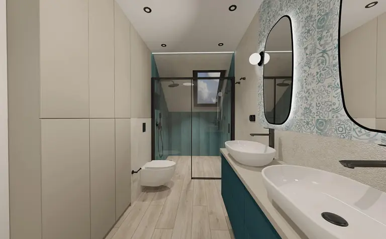 Wnętrze łazienki z minimalistycznym designem, nowoczesnymi umywalkami i industrialnymi akcentami.