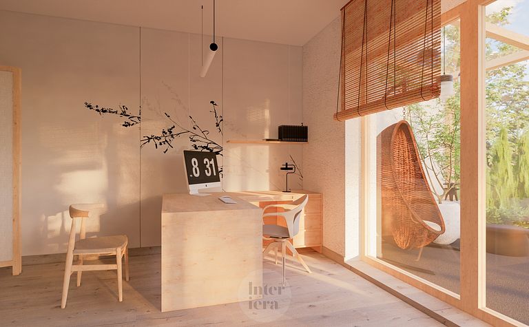 Wnętrze gabinetu w stylu japandi i minimalistycznym z drewnianymi meblami.