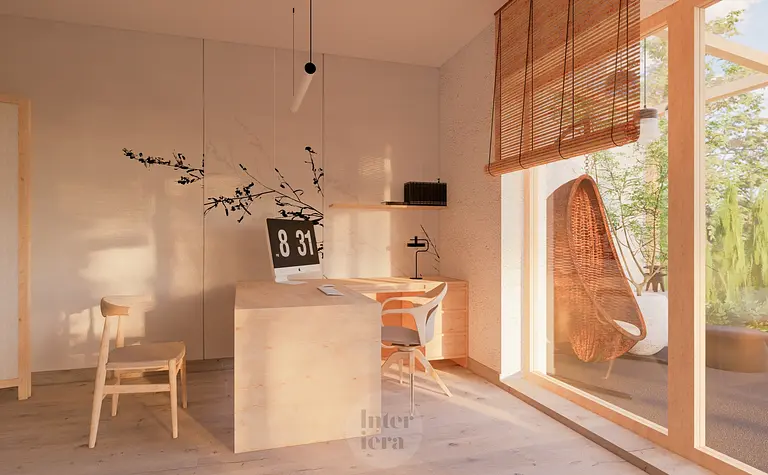 Wnętrze gabinetu w stylu japandi i minimalistycznym z drewnianymi meblami.