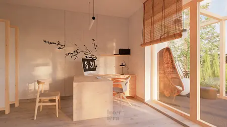 Wnętrze gabinetu w stylu japandi i minimalistycznym z drewnianymi meblami.