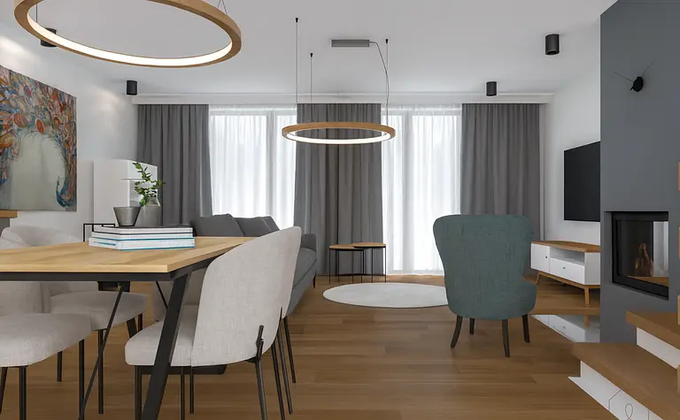 Wnętrze salonu z minimalistycznym designem, szarymi zasłonami, drewnianym stołem i kominkiem.