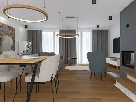 Wnętrze salonu z minimalistycznym designem, szarymi zasłonami, drewnianym stołem i kominkiem.