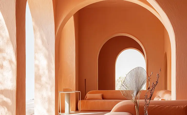 Nowoczesne wnętrze salonu z pomarańczowymi sofami i dużymi łukami