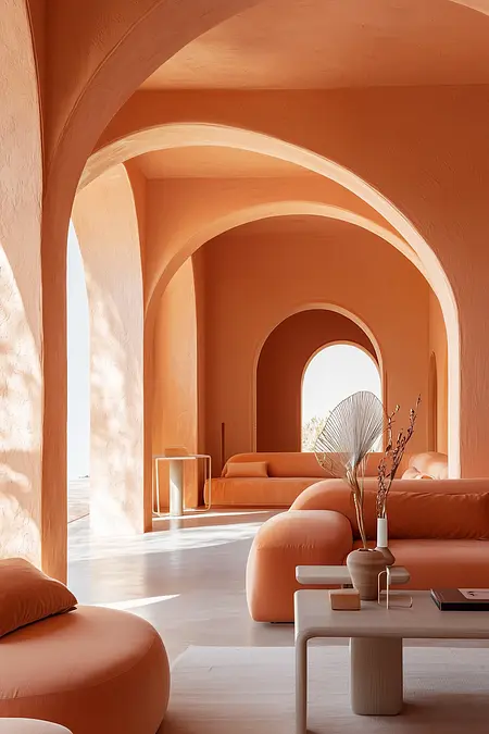 Nowoczesne wnętrze salonu z pomarańczowymi sofami i dużymi łukami