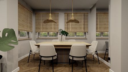 Jadalnia w stylu minimalistycznym i nowoczesnym, z drewnianym stołem i jasnymi krzesłami.