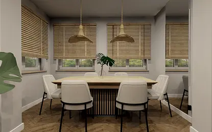 Jadalnia w stylu minimalistycznym i nowoczesnym, z drewnianym stołem i jasnymi krzesłami.