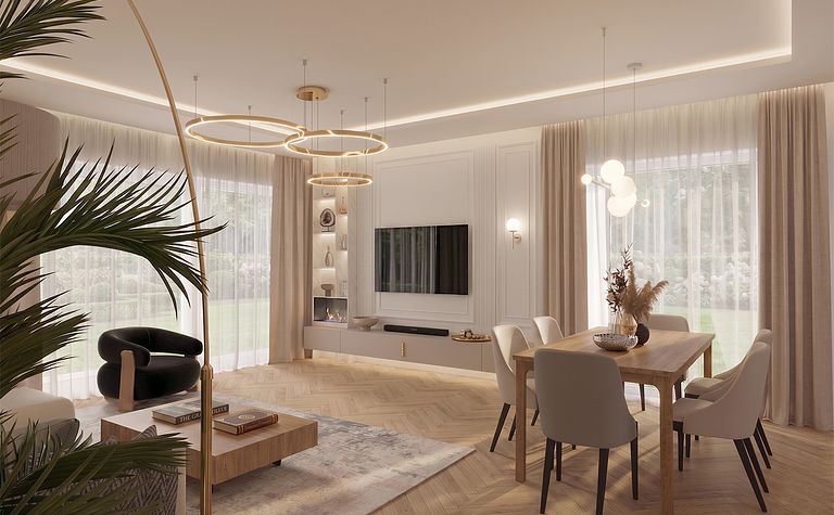 Wnętrze salonu z drewnianym stołem, jasnymi fotelami, roślinnością i dużymi oknami. Dopamine decor.