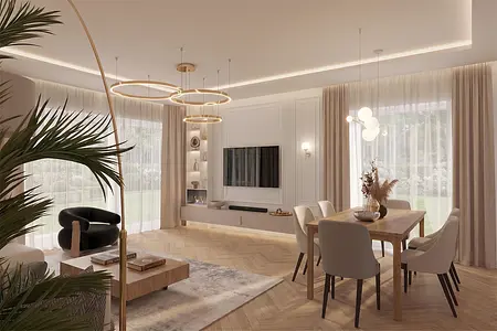 Wnętrze salonu z drewnianym stołem, jasnymi fotelami, roślinnością i dużymi oknami. Dopamine decor.