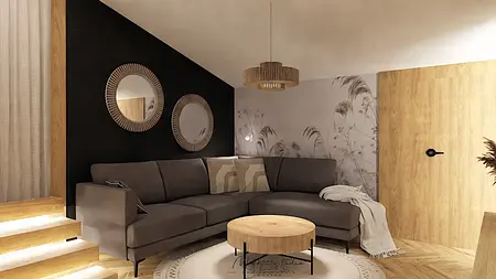 Wnętrze salonu w stylu boho i nowoczesnym z szarym narożnikiem i drewnianym stołem.