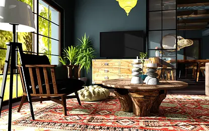 Salon w stylu boho z drewnianym stołem, lampą i roślinami