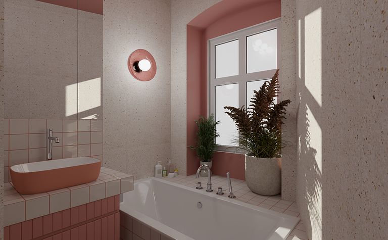 Wnętrze łazienki z różowymi akcentami, roślinami i umywalką. Styl dopamine decor, eklektyczny, vintage.