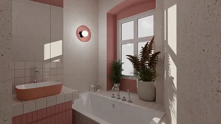 Wnętrze łazienki z różowymi akcentami, roślinami i umywalką. Styl dopamine decor, eklektyczny, vintage.