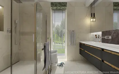 Współczesna łazienka z płytkami kamiennymi i drewnianymi akcentami.