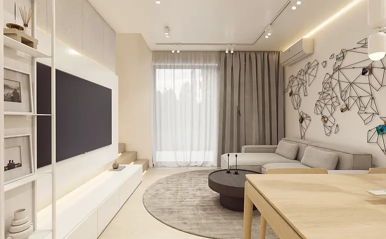 Wnętrze salonu w stylu japandi i skandynawskim z minimalistycznymi meblami.