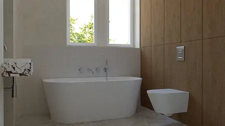 Minimalistyczna łazienka z wanną, drewnianymi ścianami i subtelnym oświetleniem.
