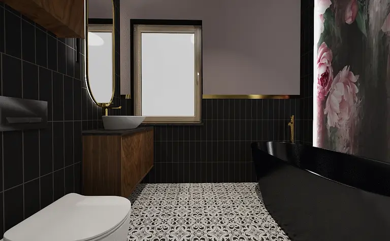 Nowoczesna łazienka z czarną wanną, drewnianą szafką i eleganckimi detalami