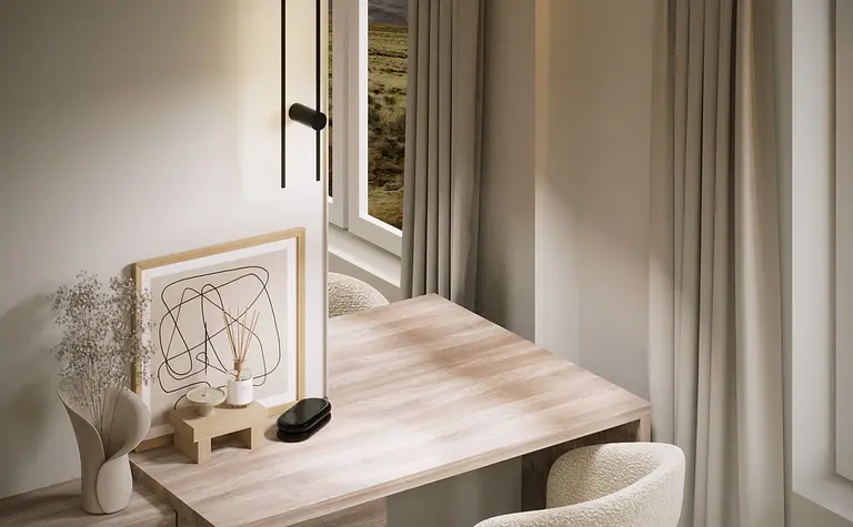 Wnętrze gabinetu z minimalistycznym biurkiem i nowoczesnymi dodatkami.