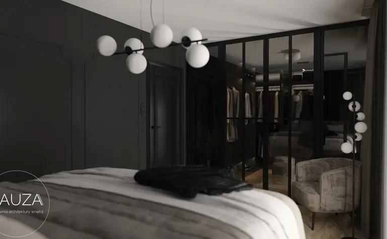 Wnętrze nowoczesnej sypialni z ciemnymi ścianami, jasnym łóżkiem i eleganckimi detalami.