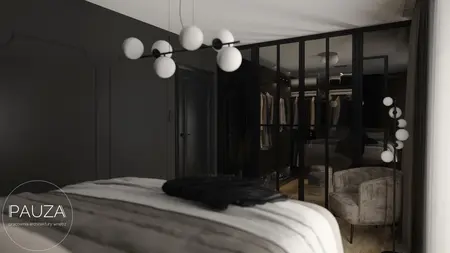 Wnętrze nowoczesnej sypialni z ciemnymi ścianami, jasnym łóżkiem i eleganckimi detalami.