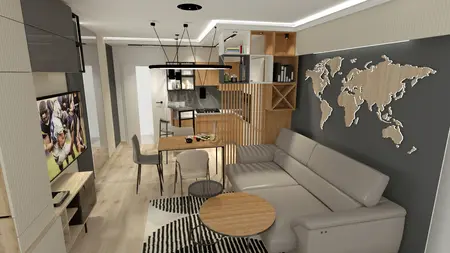 Wnętrze mieszkania z eklektycznym stylem, nowoczesne meble i drewniane elementy.