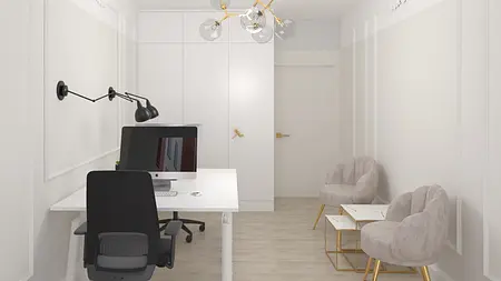 Nowoczesny gabinet w stylu glamour i minimaluxe z białymi meblami i szarymi dodatkami.