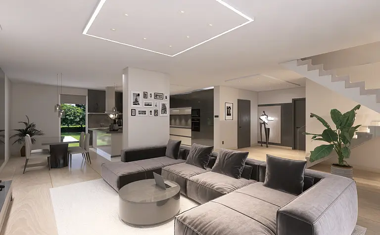 Wnętrze nowoczesnego salonu z szarym narożnikiem i białymi detalami.