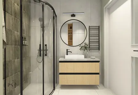 Wnętrze łazienki z minimalistycznym prysznicem, nowoczesną umywalką i skandynawskim akcentem.