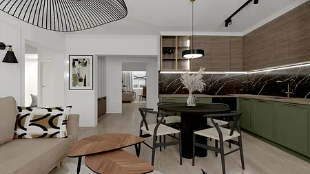 Wnętrze kuchni w stylu art deco z zielonymi meblami i drewnianym blatem.