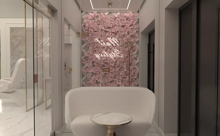 Przedpokój z białą sofą, złotym stolikiem i różowymi kwiatami, glamour, nowoczesny