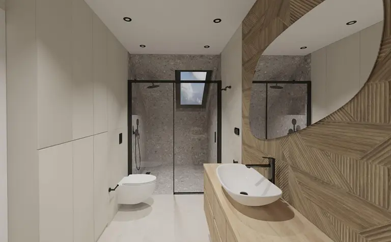 Nowoczesna łazienka z drewnianymi elementami i minimalistycznym designem.