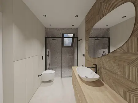 Nowoczesna łazienka z drewnianymi elementami i minimalistycznym designem.