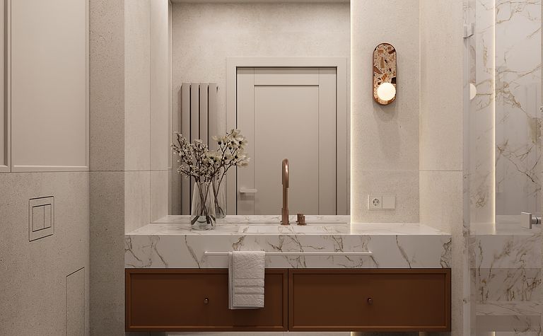 Nowoczesna łazienka w stylu quiet luxury z marmurem i drewnem.