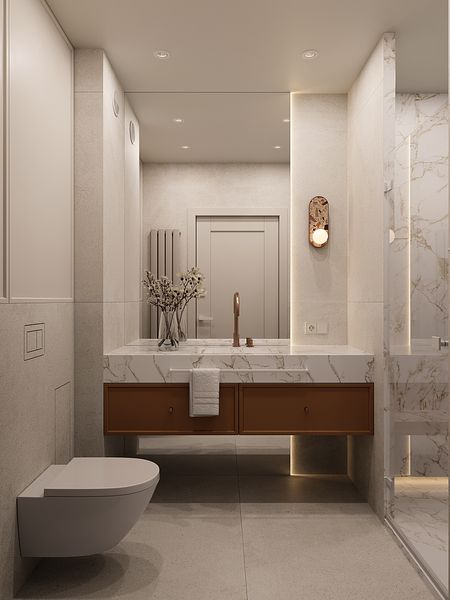 Nowoczesna łazienka w stylu quiet luxury z marmurem i drewnem.