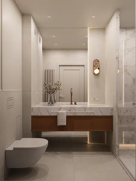 Nowoczesna łazienka w stylu quiet luxury z marmurem i drewnem.