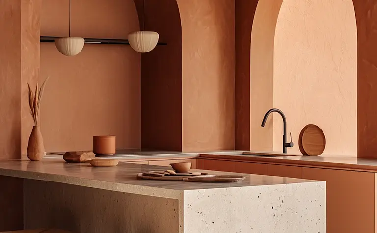 Nowoczesna kuchnia z jasnymi ścianami i drewnianymi meblami.