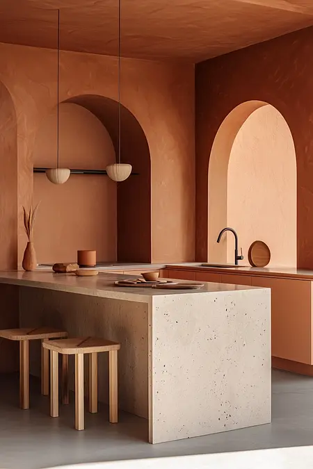 Nowoczesna kuchnia z jasnymi ścianami i drewnianymi meblami.