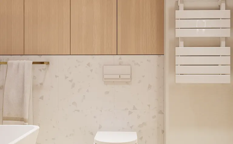 Wnętrze łazienki z elementami art deco i nowoczesnym designem.