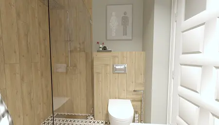 Nowoczesna łazienka z drewnianymi elementami i prysznicem.