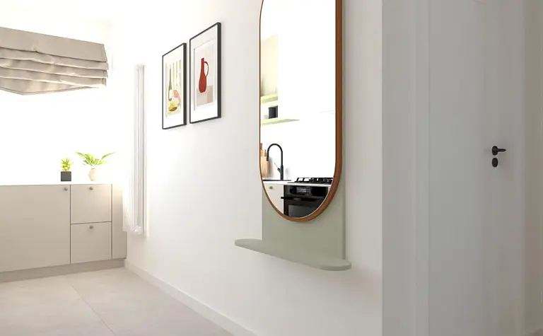 Przedpokój w stylu dopamine decor z zielonym lustrem i eklektycznymi obrazami.