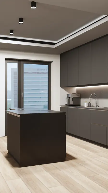 Kuchnia z szarymi meblami, czarnym blatem i drewnianą podłogą, nowoczesny design