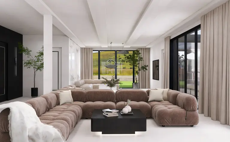 Wnętrze salonu z nowoczesnymi meblami i dużymi oknami, styl quiet luxury, współczesny.
