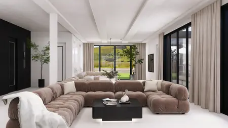 Wnętrze salonu z nowoczesnymi meblami i dużymi oknami, styl quiet luxury, współczesny.