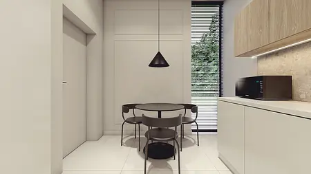 Nowoczesne wnętrze kuchni z minimalistycznym stołem i krzesłami.