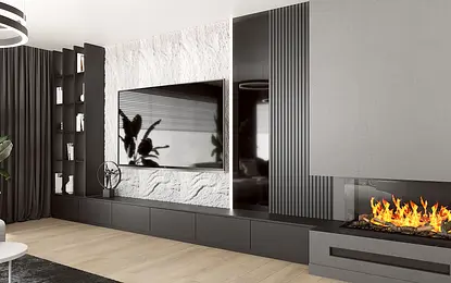 Wnętrze salonu z minimalistycznym designem, czarnymi akcentami i nowoczesnym kominkiem.