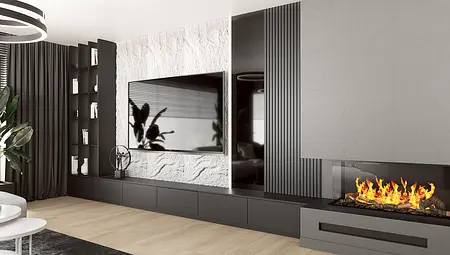 Wnętrze salonu z minimalistycznym designem, czarnymi akcentami i nowoczesnym kominkiem.