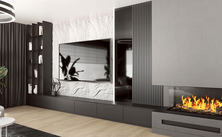 Wnętrze salonu z minimalistycznym designem, czarnymi akcentami i nowoczesnym kominkiem.
